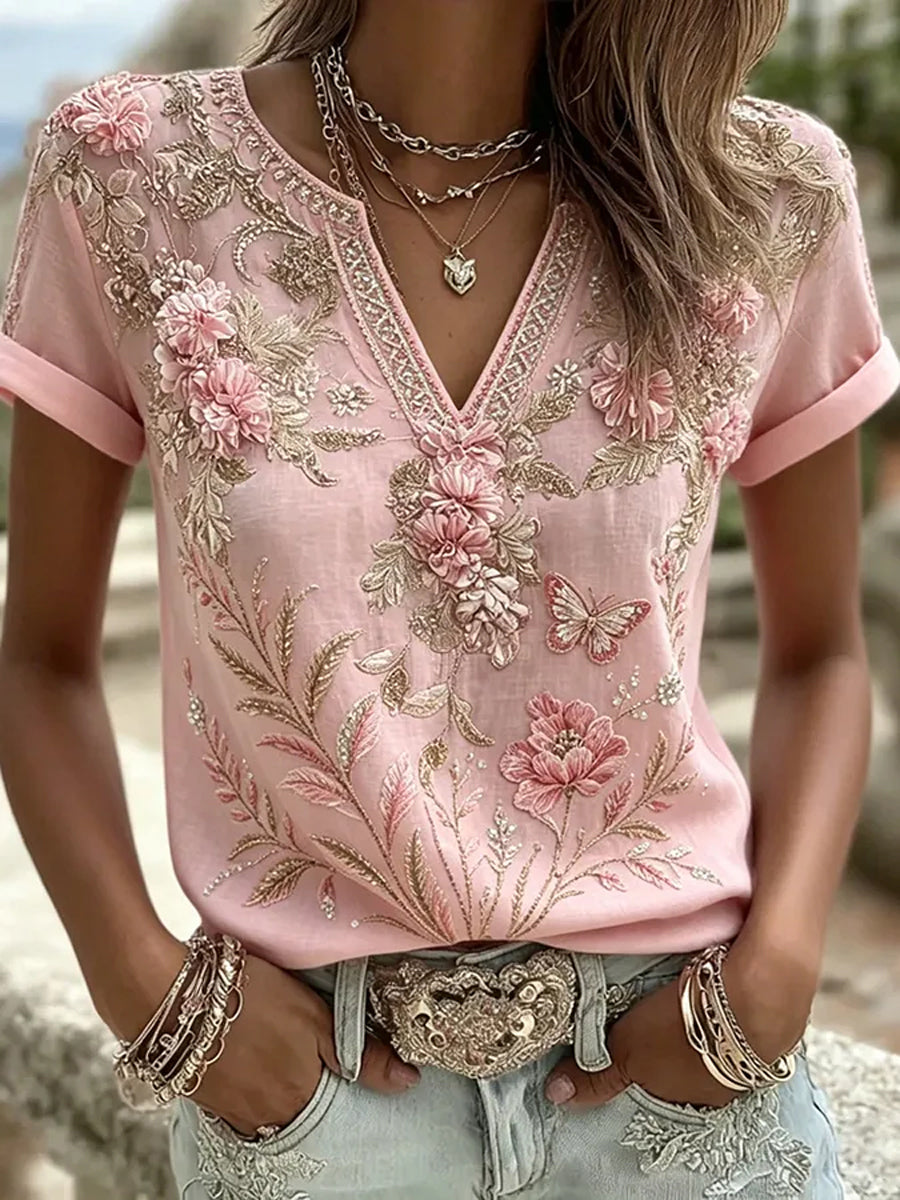 T-shirt décontracté à col en V pour femmes, imprimé de fleurs roses, contre le cancer du sein