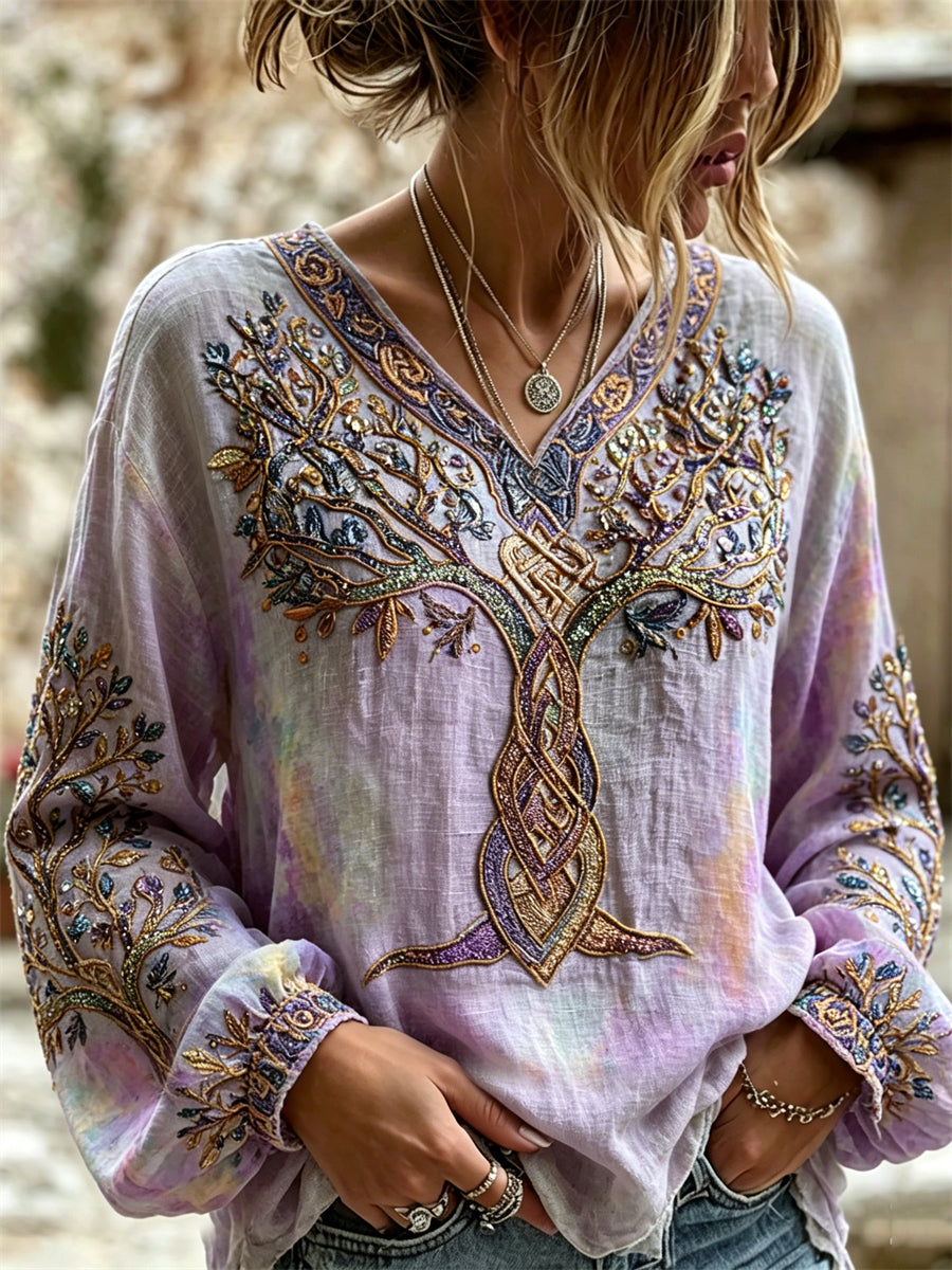 Chemise Femme Vintage Mystique Arbre de Vie Paillettes Imprimé Coton-Lin