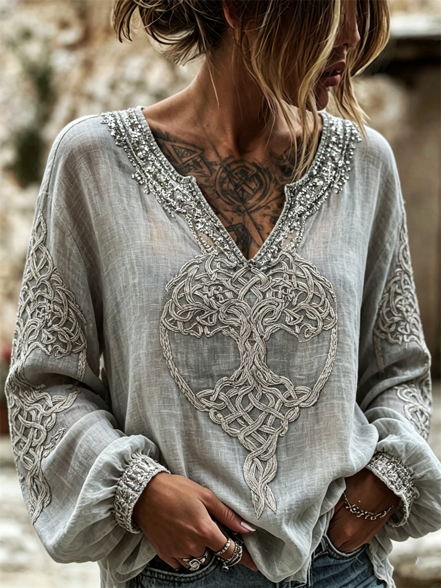 Chemise Femme Viking Tree of Life Celtic Knot Art Print Coton-Lin