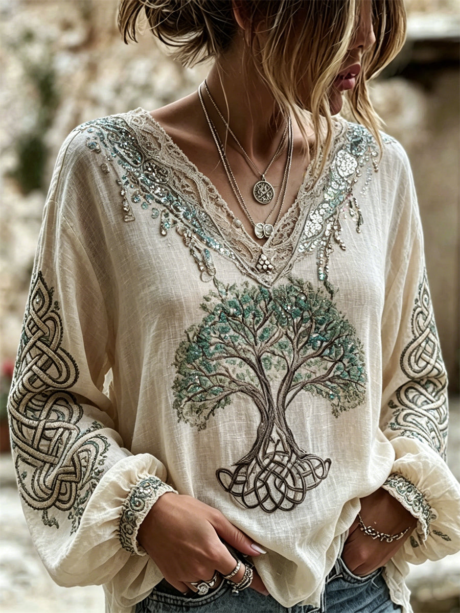 Chemise en coton et en lin à imprimé noeud celtique Vintage Viking Tree of Life pour femme