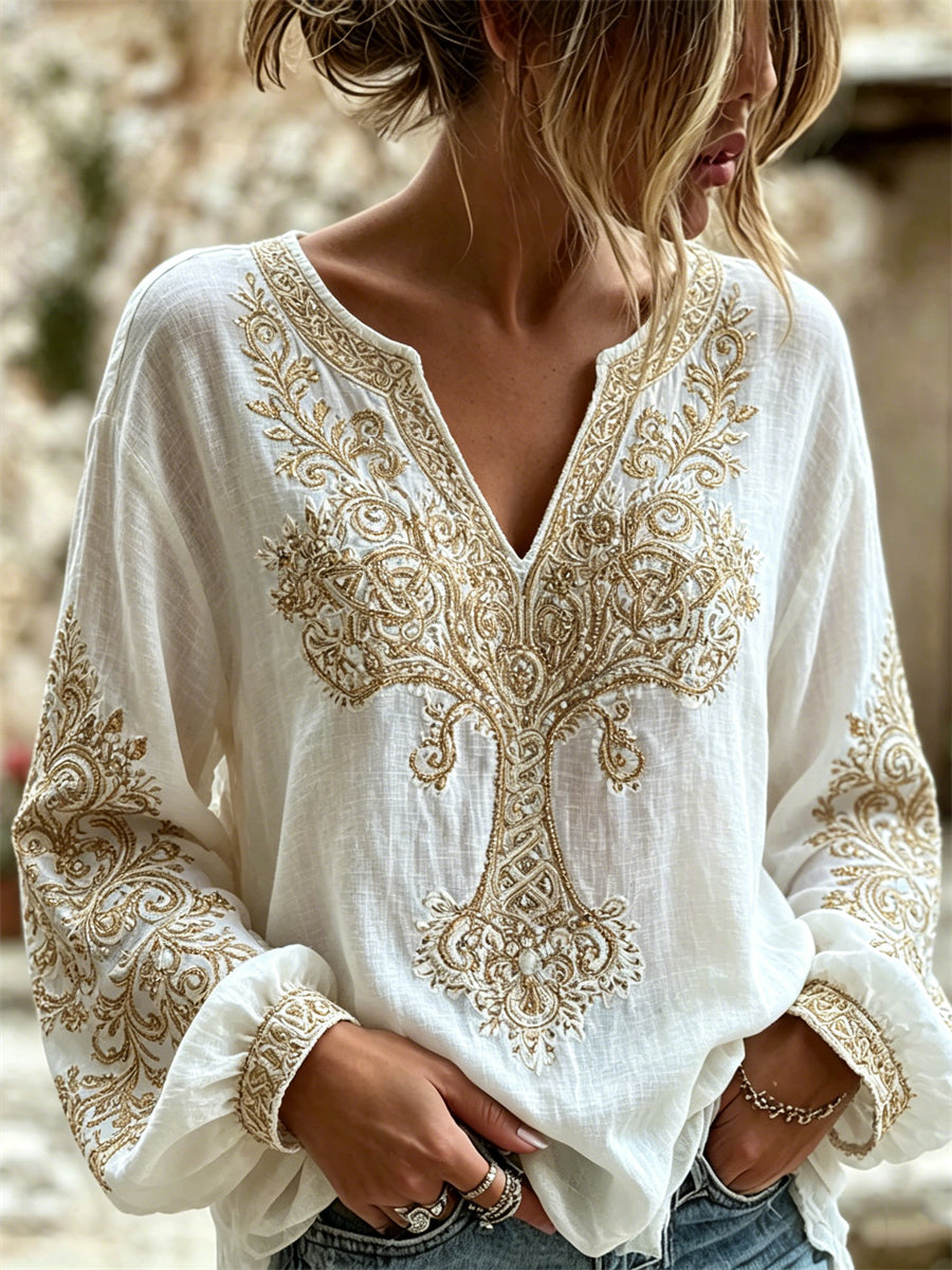 Chemise femme chic en coton et lin à imprimé noeud celtique arbre de vie doré