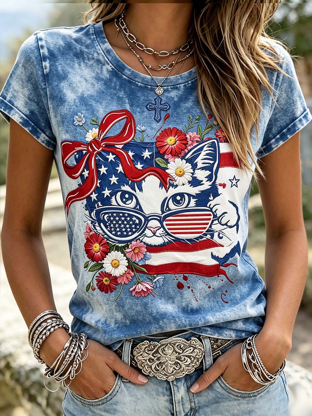 T-shirt à manches courtes pour femme, imprimé d’un motif de chat et du drapeau des États-Unis