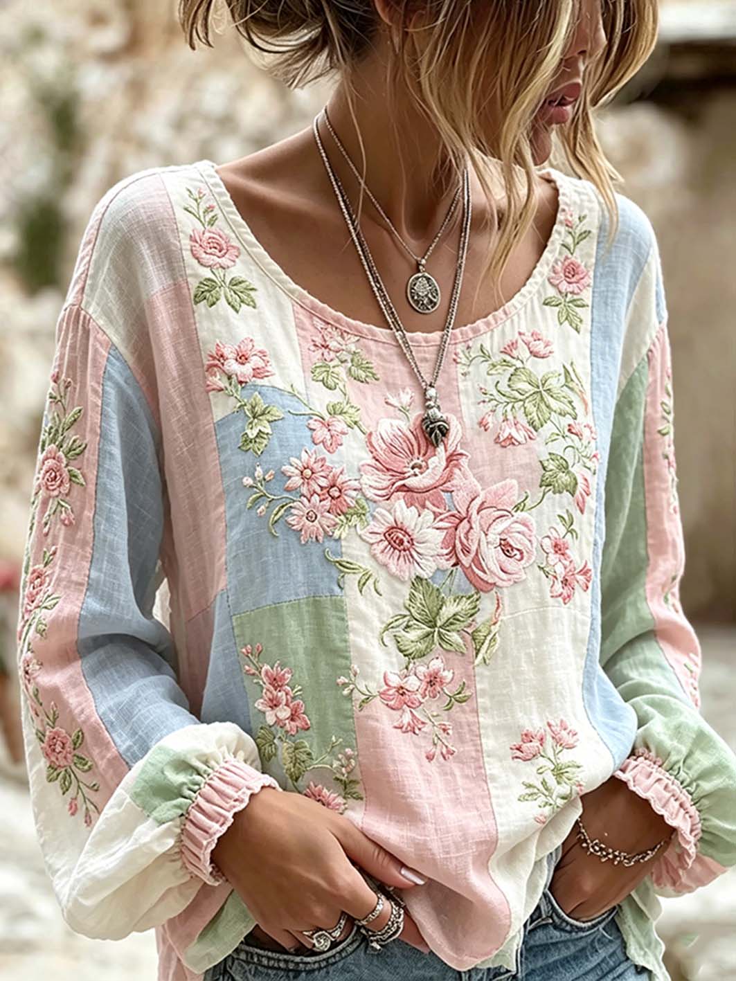 Chemise décontractée en coton et lin, ornée d’un motif brodé de plantes et de fleurs pour femme