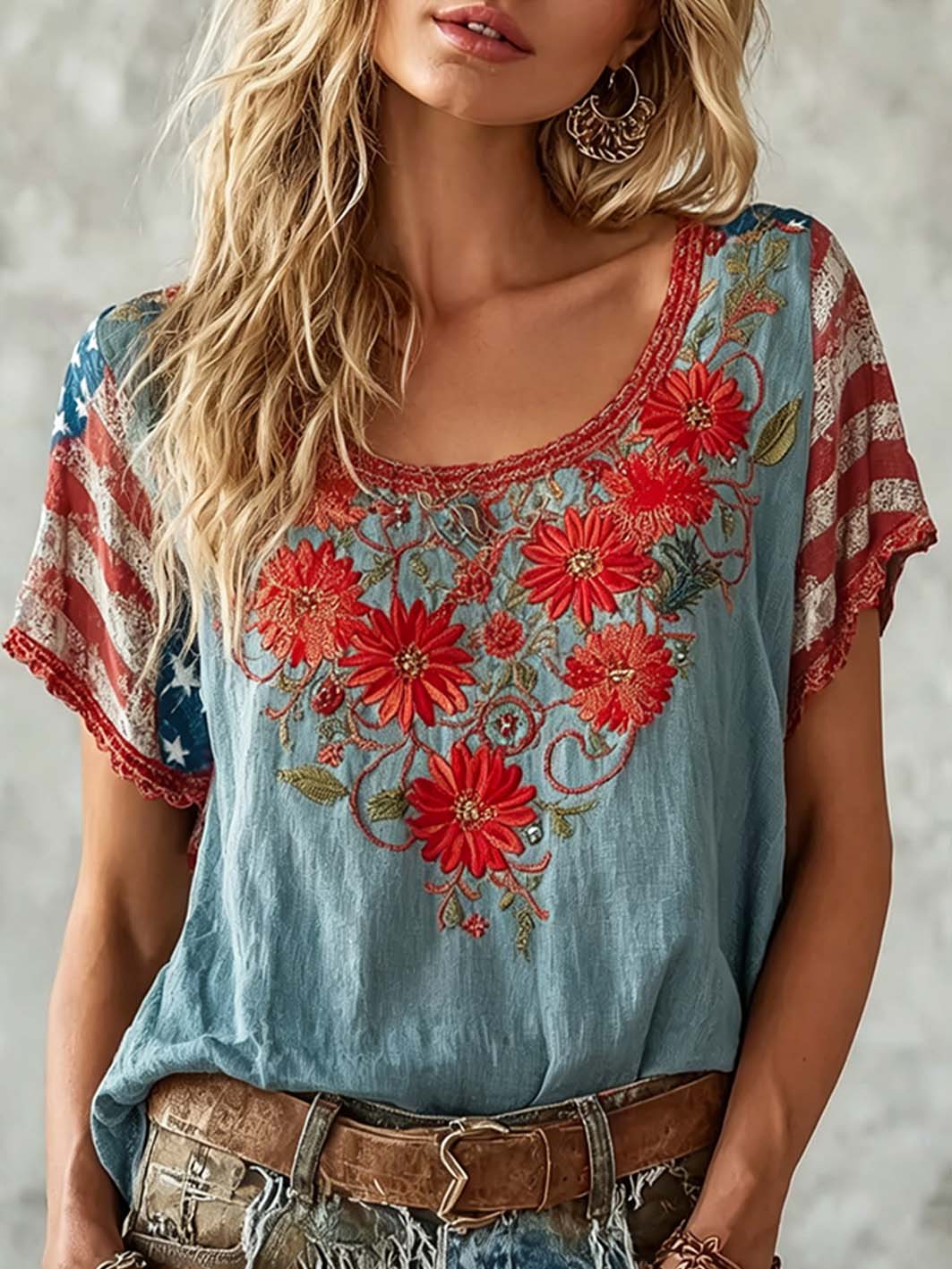 T-shirt femme à manches courtes en lin imprimé motif de broderie de plantes et de fleurs