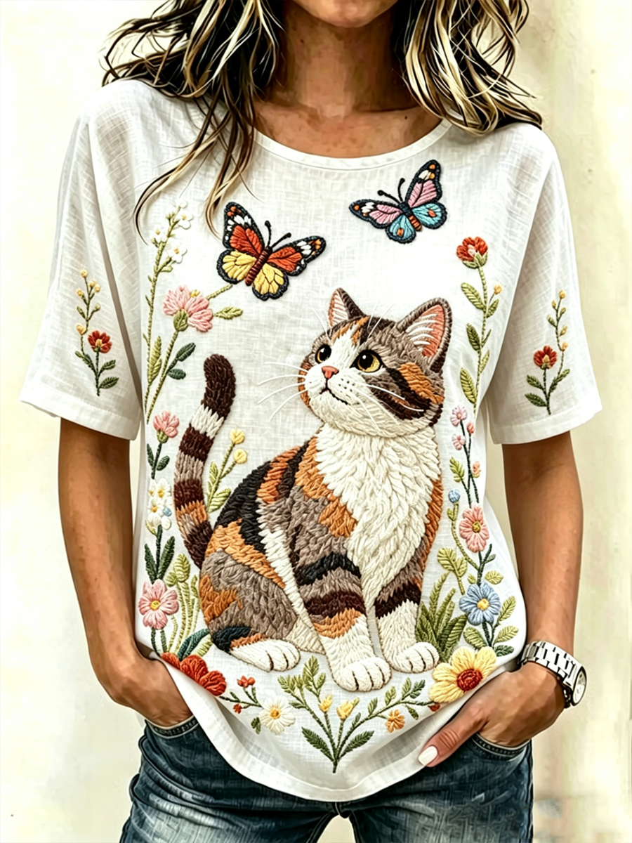T-shirt femme à manches courtes en lin imprimé chat mignon
