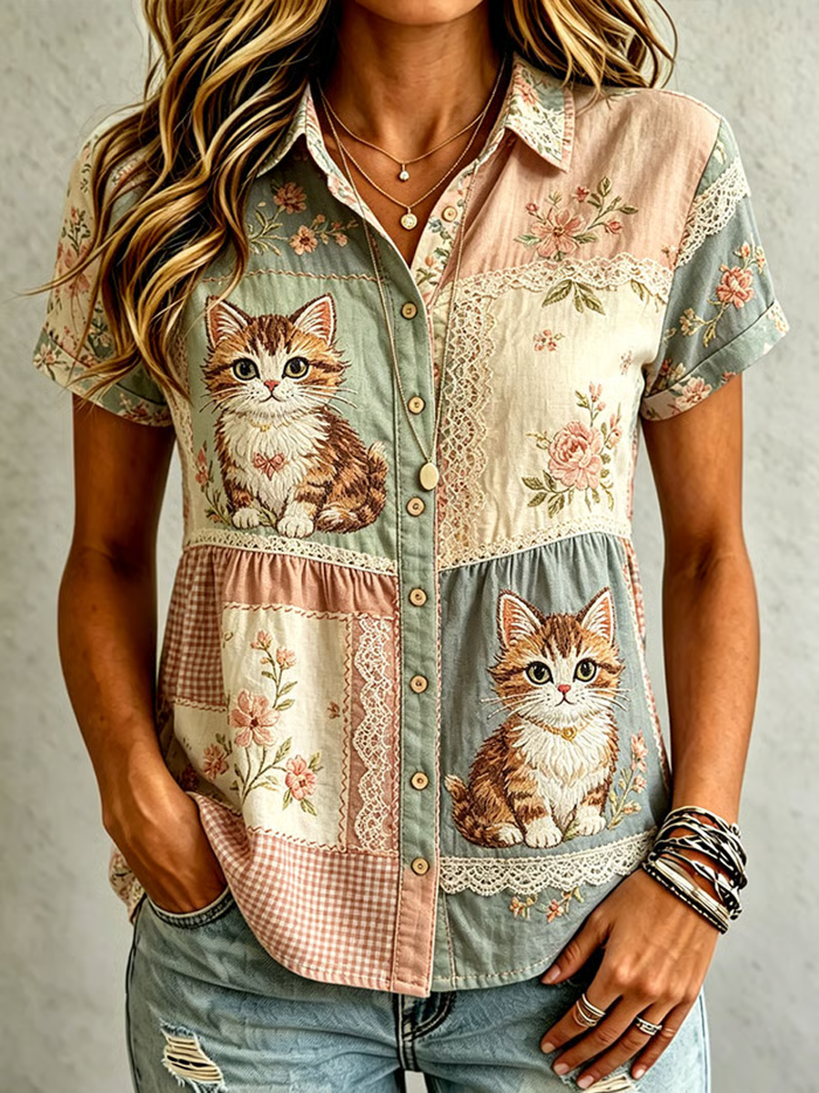 Chemise femme en coton-lin à imprimé chat mignon