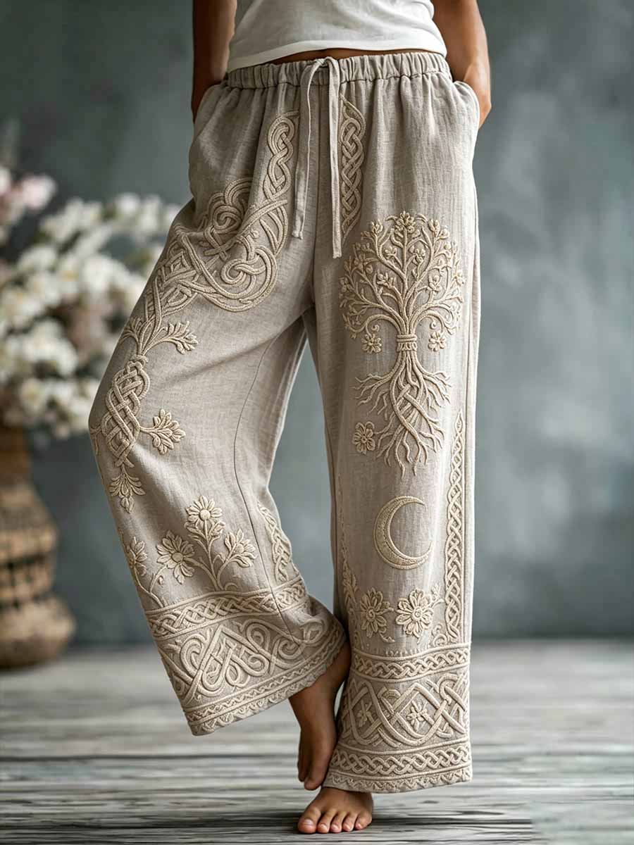 Pantalon décontracté à jambes larges pour femme, imprimé romantique viking représentant l’arbre de vie