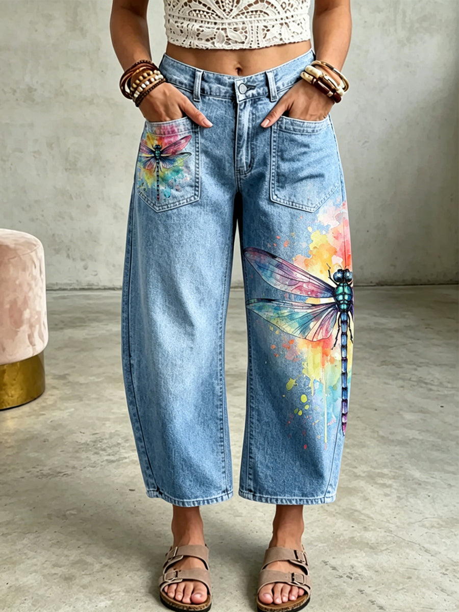 Pantalon à poches avec impression artistique de libellule pour femme