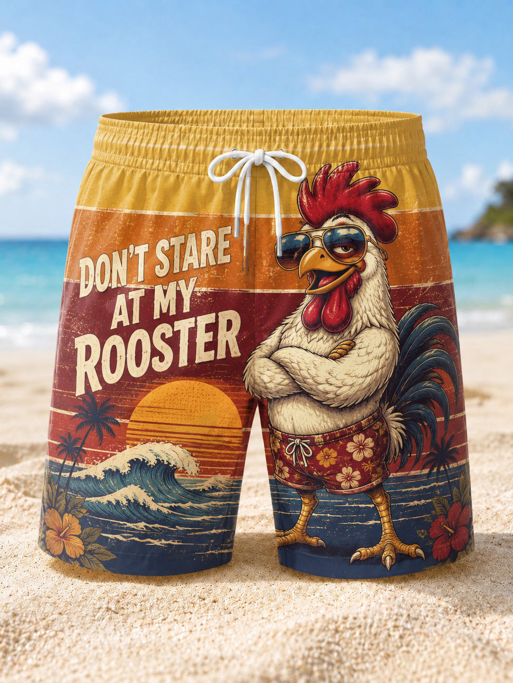 Shorts de plage pour hommes avec impression «Ne fixez pas mon coq»