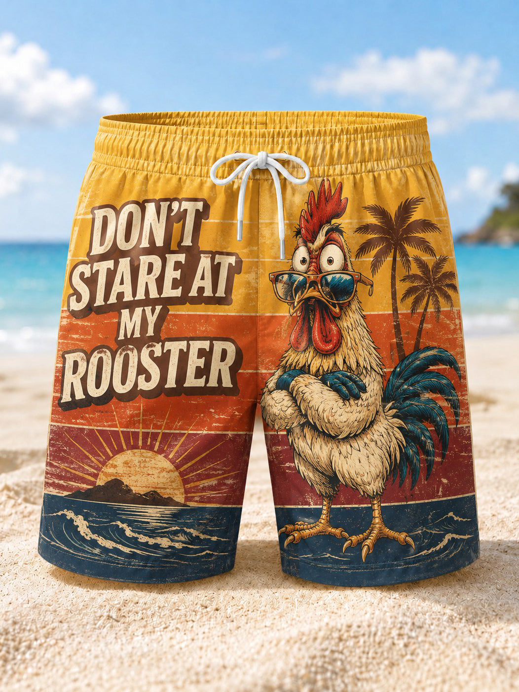 Shorts de plage pour hommes avec impression «Ne fixez pas mon coq»