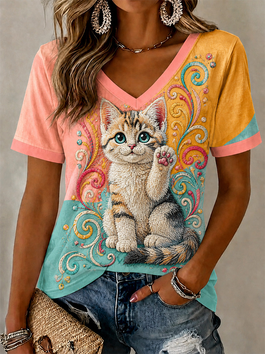 T-shirt décontracté à col en V et imprimé félin pour femme