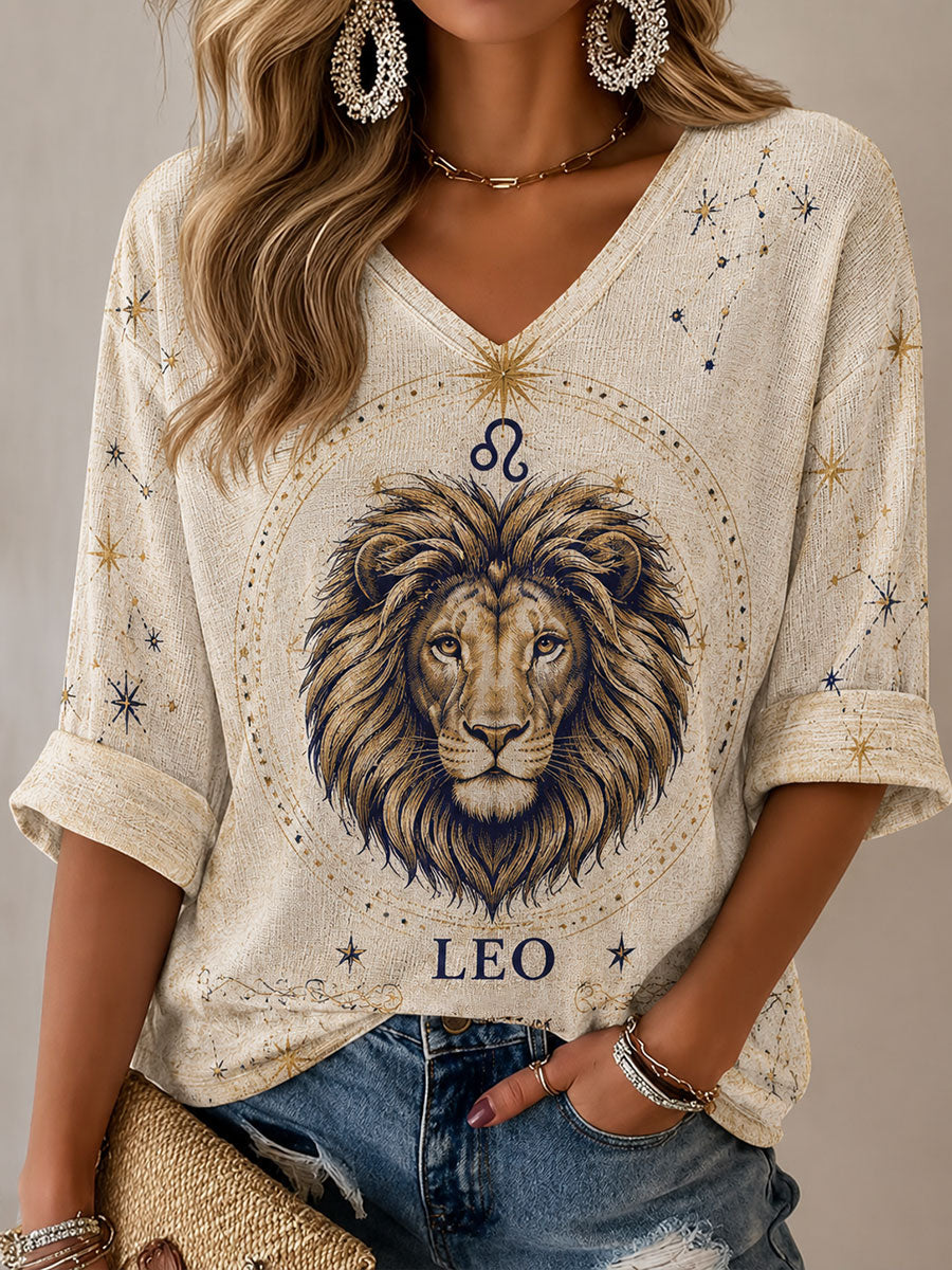 Leo Horoscope-Themed Retro-Style Casual T-Shirt Femme