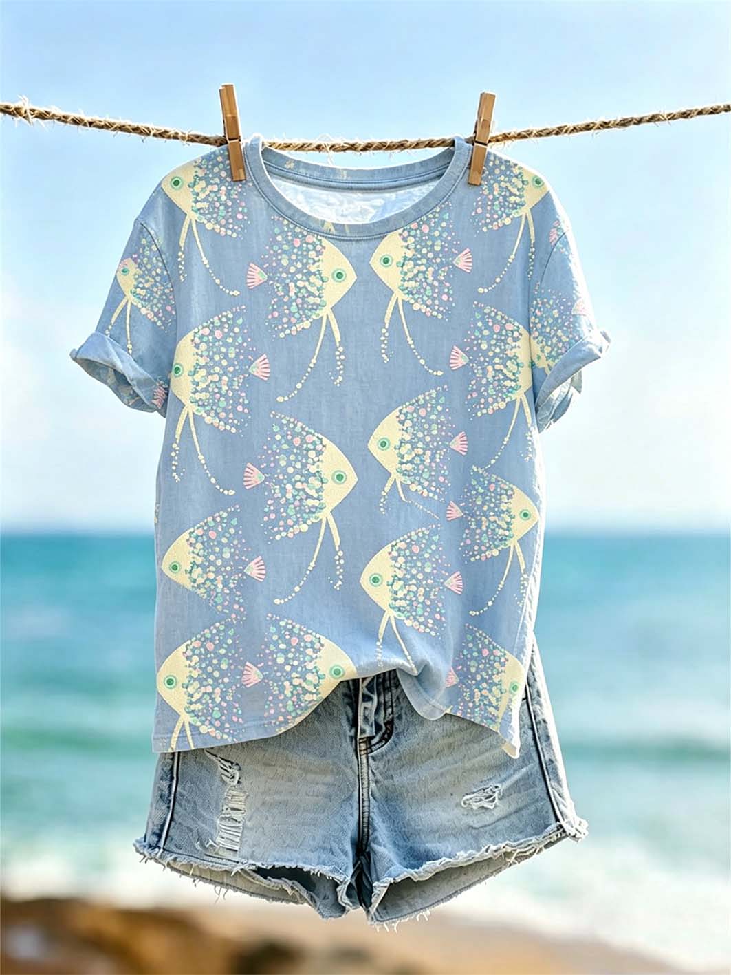 T-shirt décontracté effet chiné à imprimé motif vent océanique pour femme