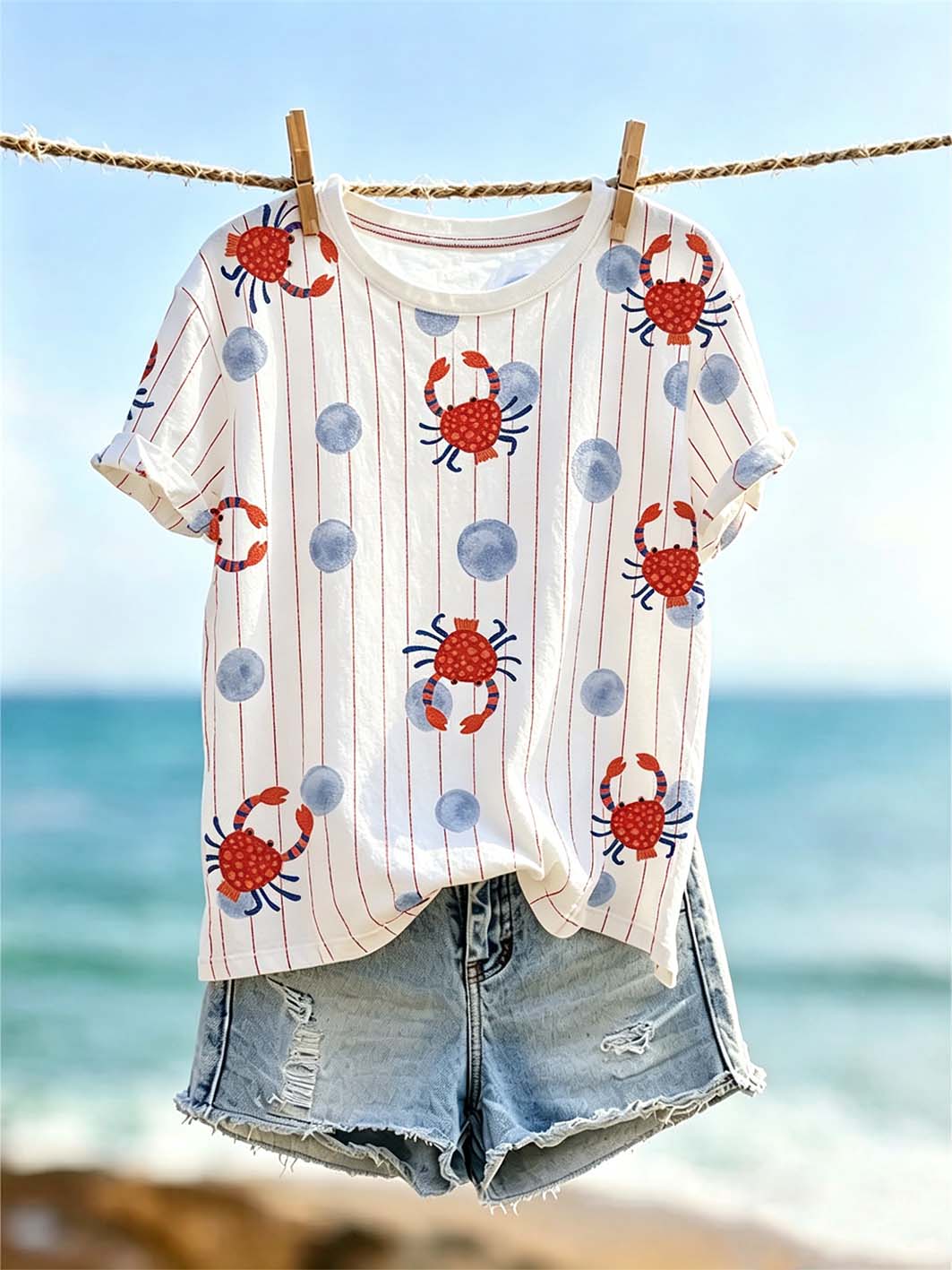 Motif de vent de vacances océan imprimé décontracté des femmes T-shirt lavé
