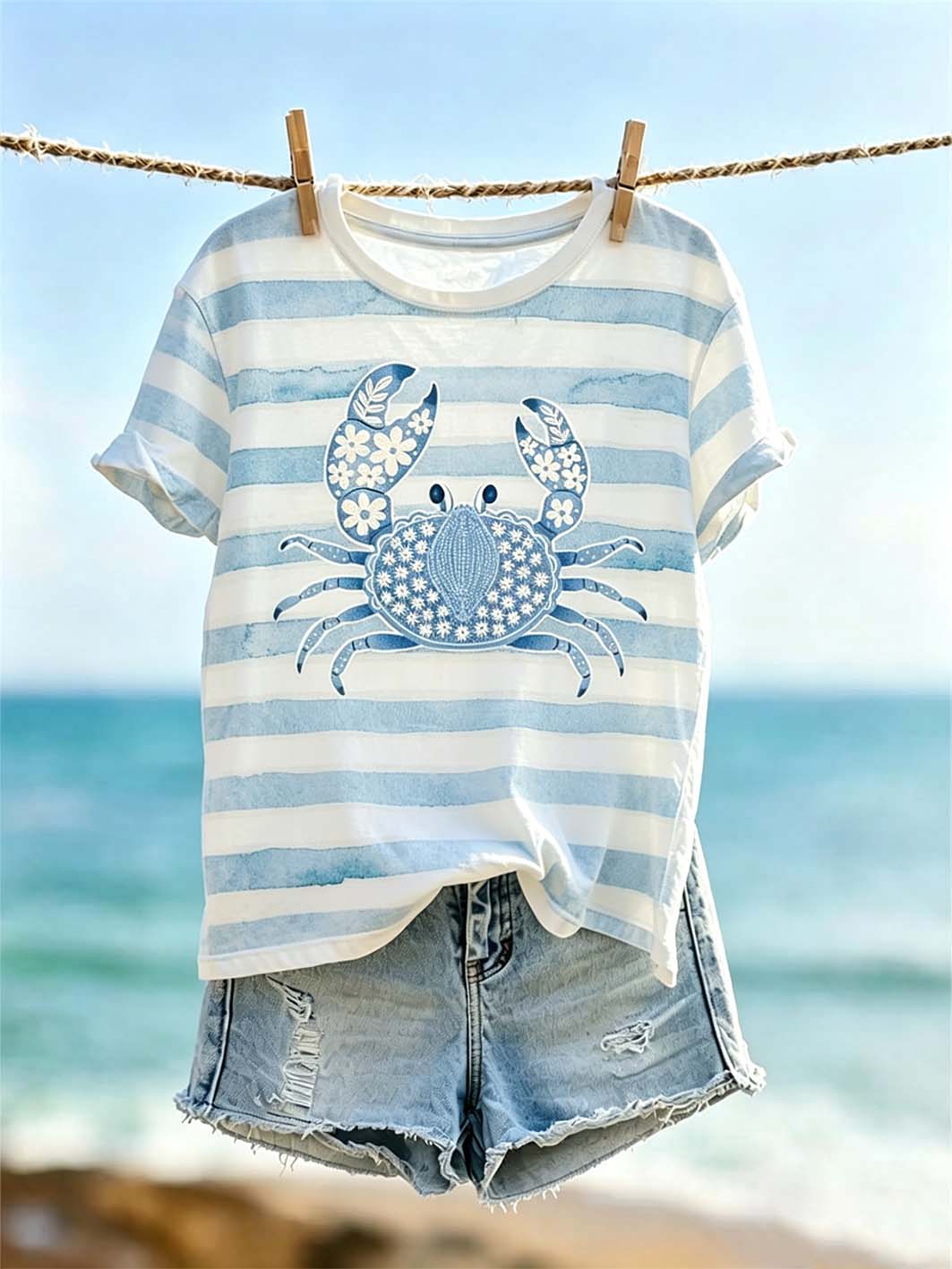 T-shirt décontracté effet chiné à imprimé motif vent océanique pour femme