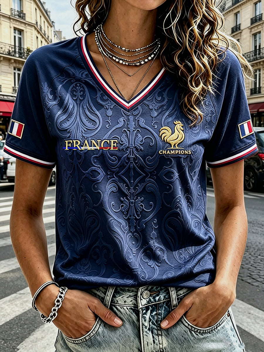 T-shirt décontracté à col en V bleu profond pour femmes France Football Coq