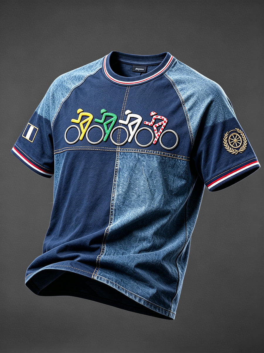 T-shirt décontracté à imprimé patchwork en denim pour homme Tour de France bleu français