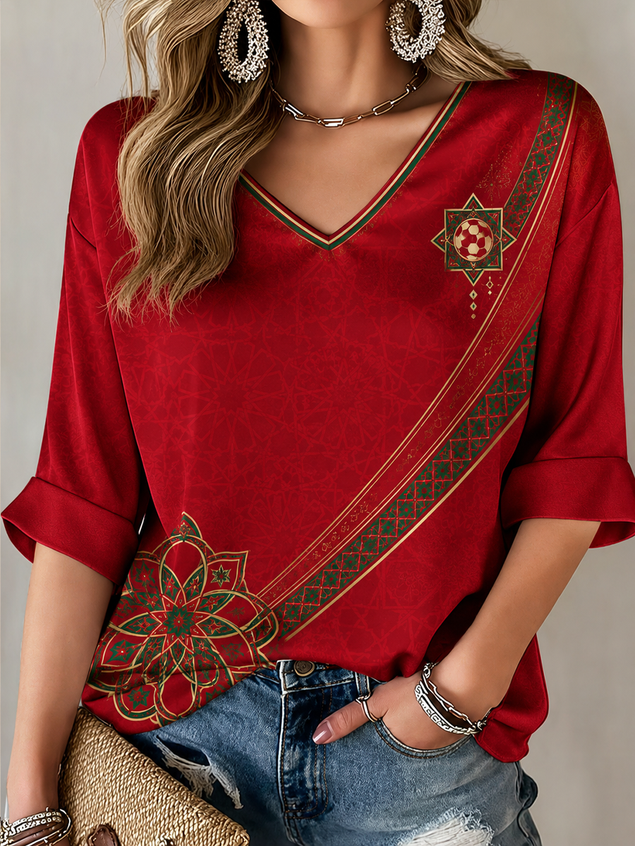 T-shirt femme à manches mi-longues et col en V, imprimé MAROC