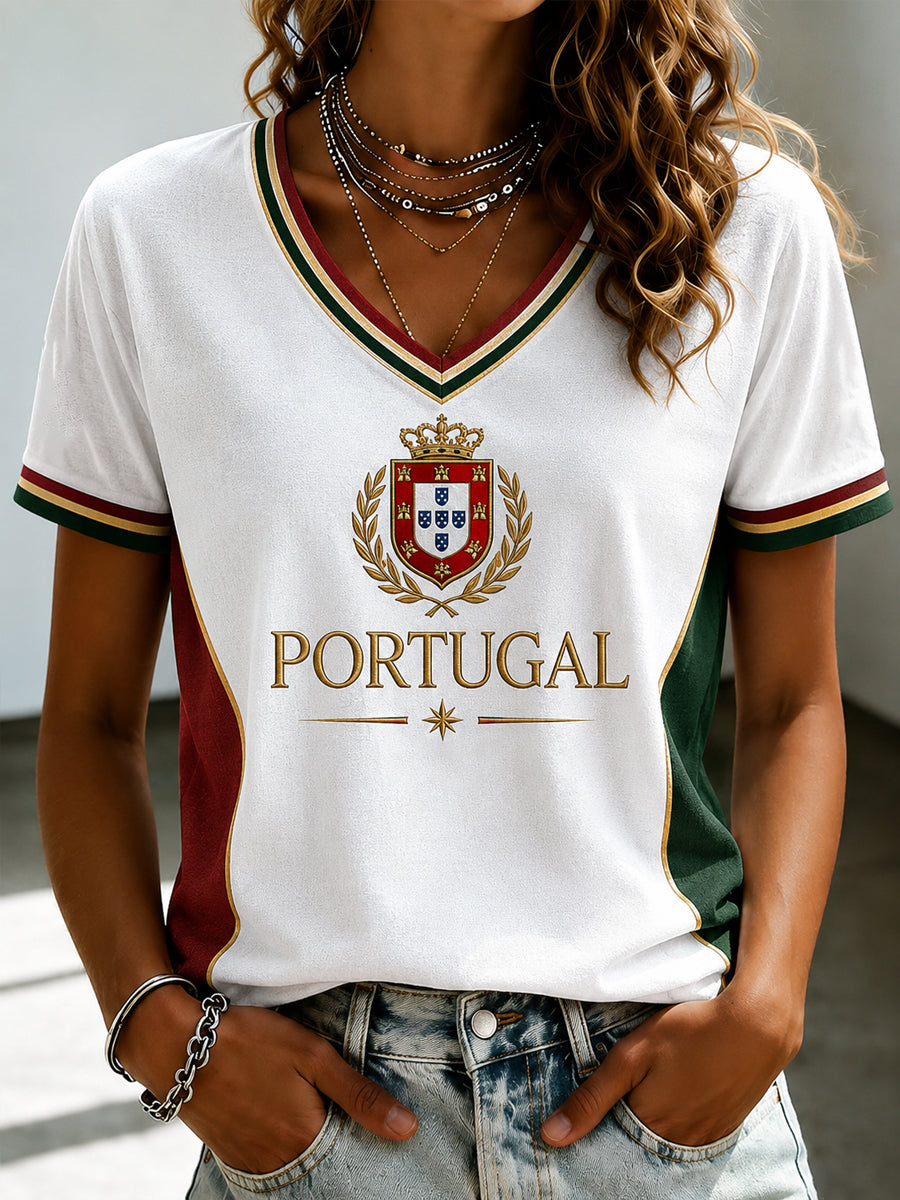 T-shirt à col en V imprimé pour le football portugais, modèle femme