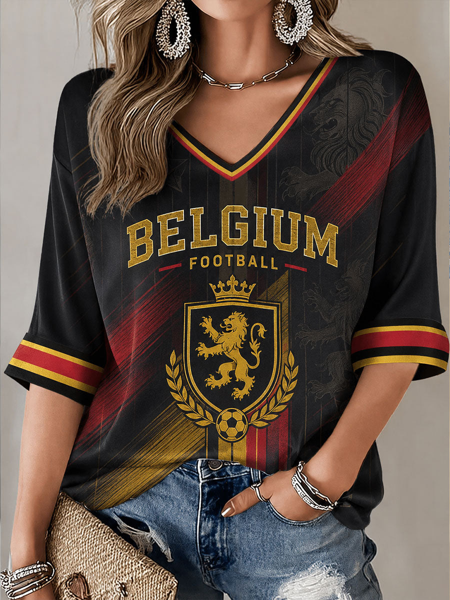 T-shirt manches mi-longues à col en V Belgium Football pour femme