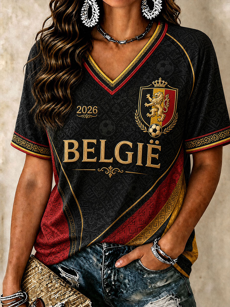 T-shirt Belgium Football à col en V pour femmes