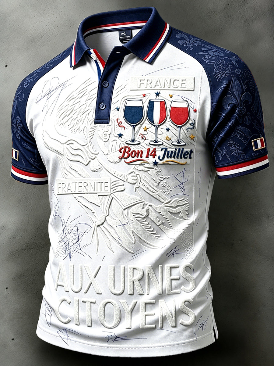 Polo Homme Blanc Décontracté French Bastille Day-Imprimé