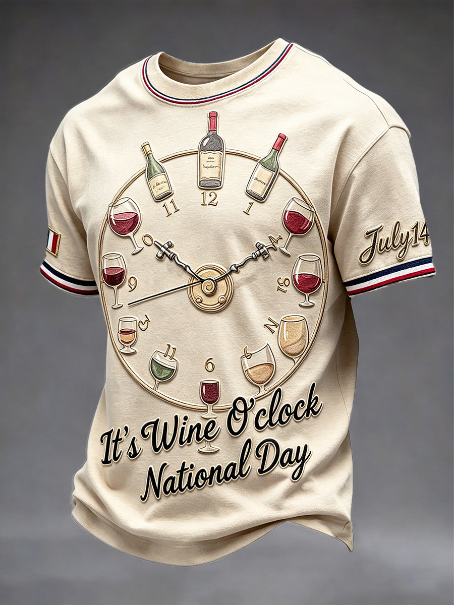 T-shirt décontracté rétro français à imprimé de verre sur le thème de la fête nationale pour hommes
