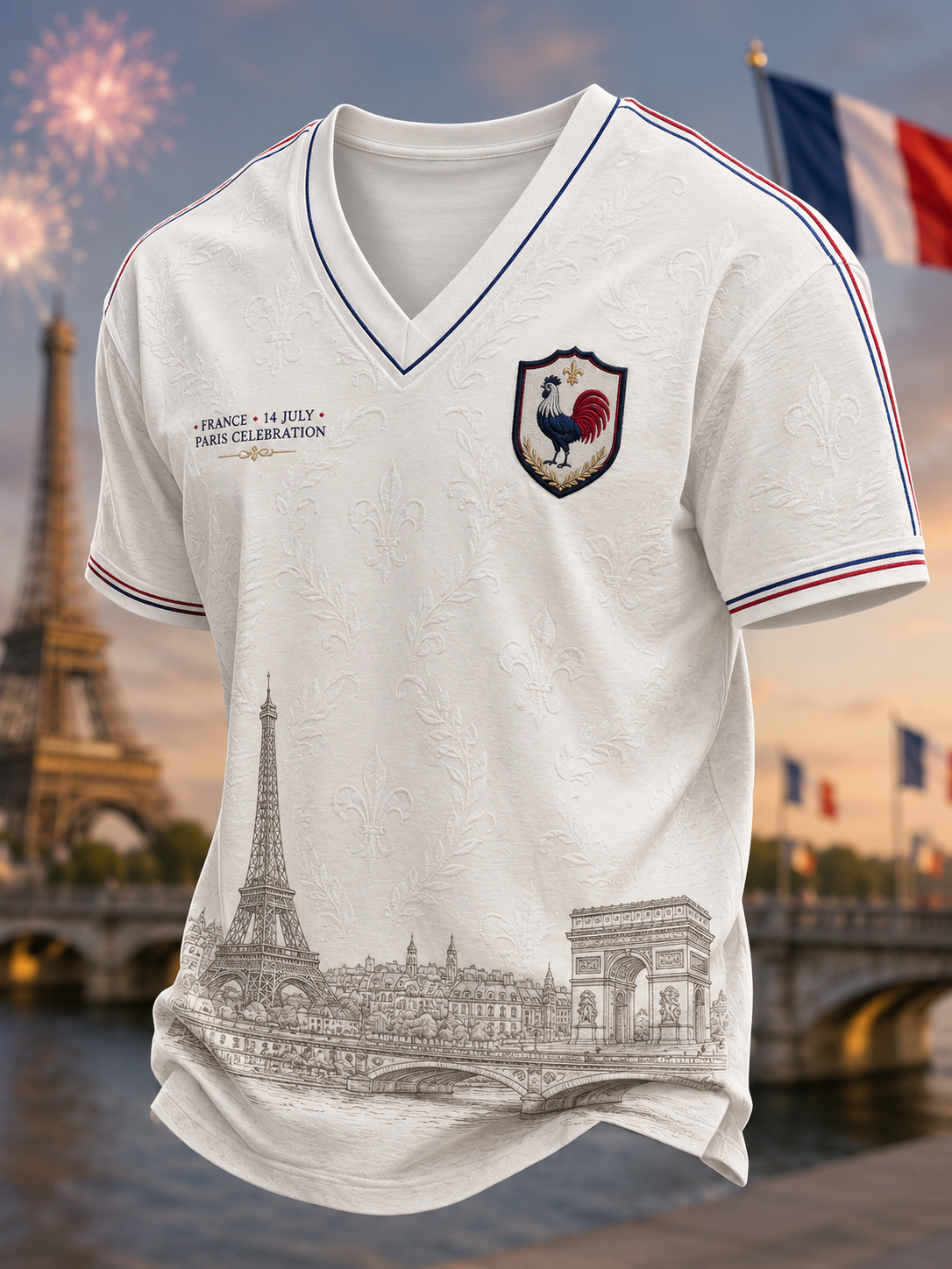 T-shirt à col en V de la fête nationale française pour hommes