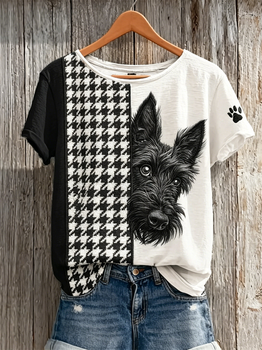 Peeking Scottish Terrier Dog Houndstooth Colorblock T-shirt à manches courtes pour femmes