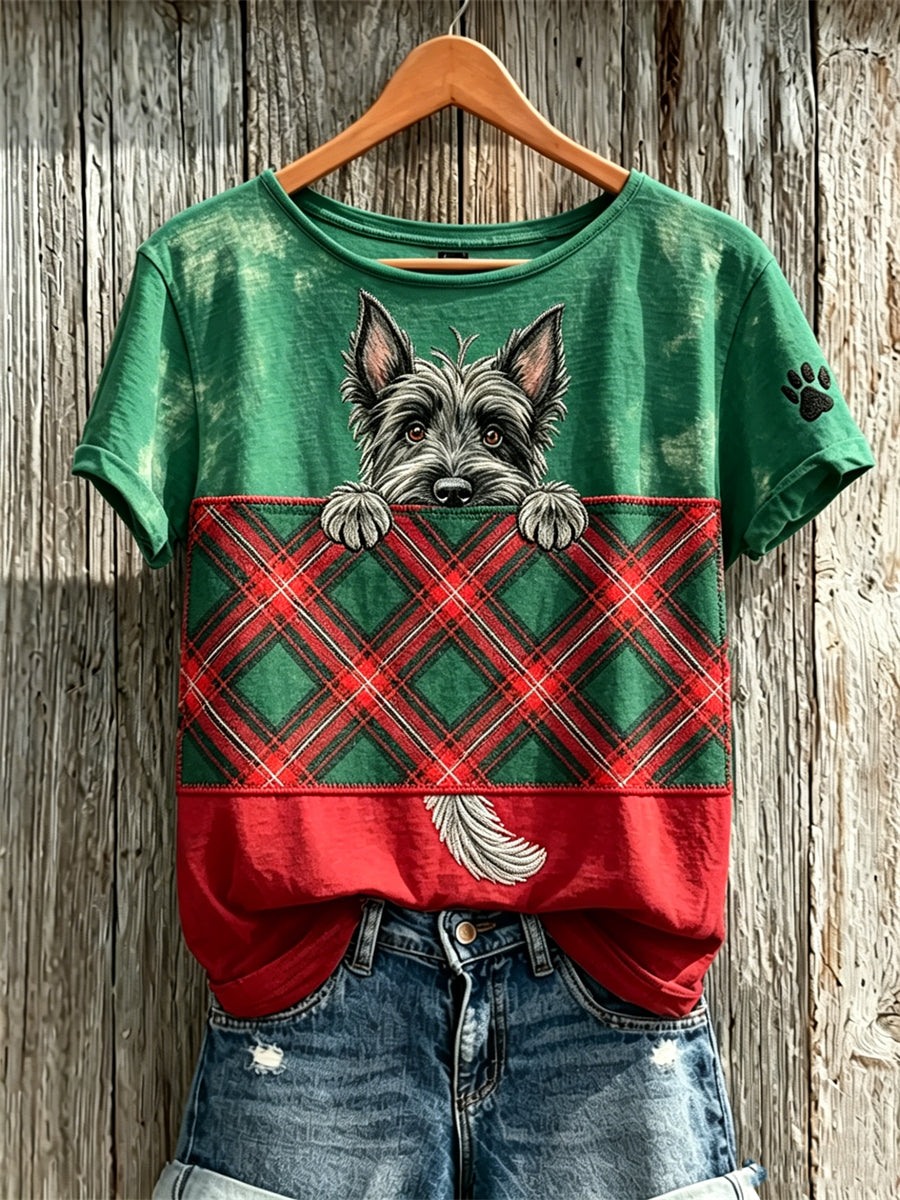 Peeking Scottish Terrier Dog Scotland T-shirt à manches courtes à carreaux pour femmes