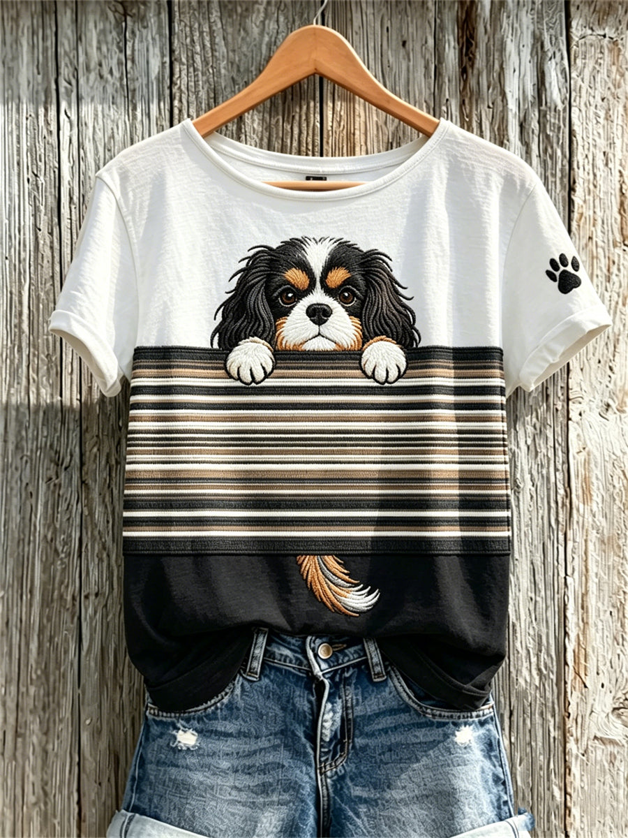 Peeking King Charles Spaniel Dog & Paw Print Colorblock T-shirt à manches courtes Femme