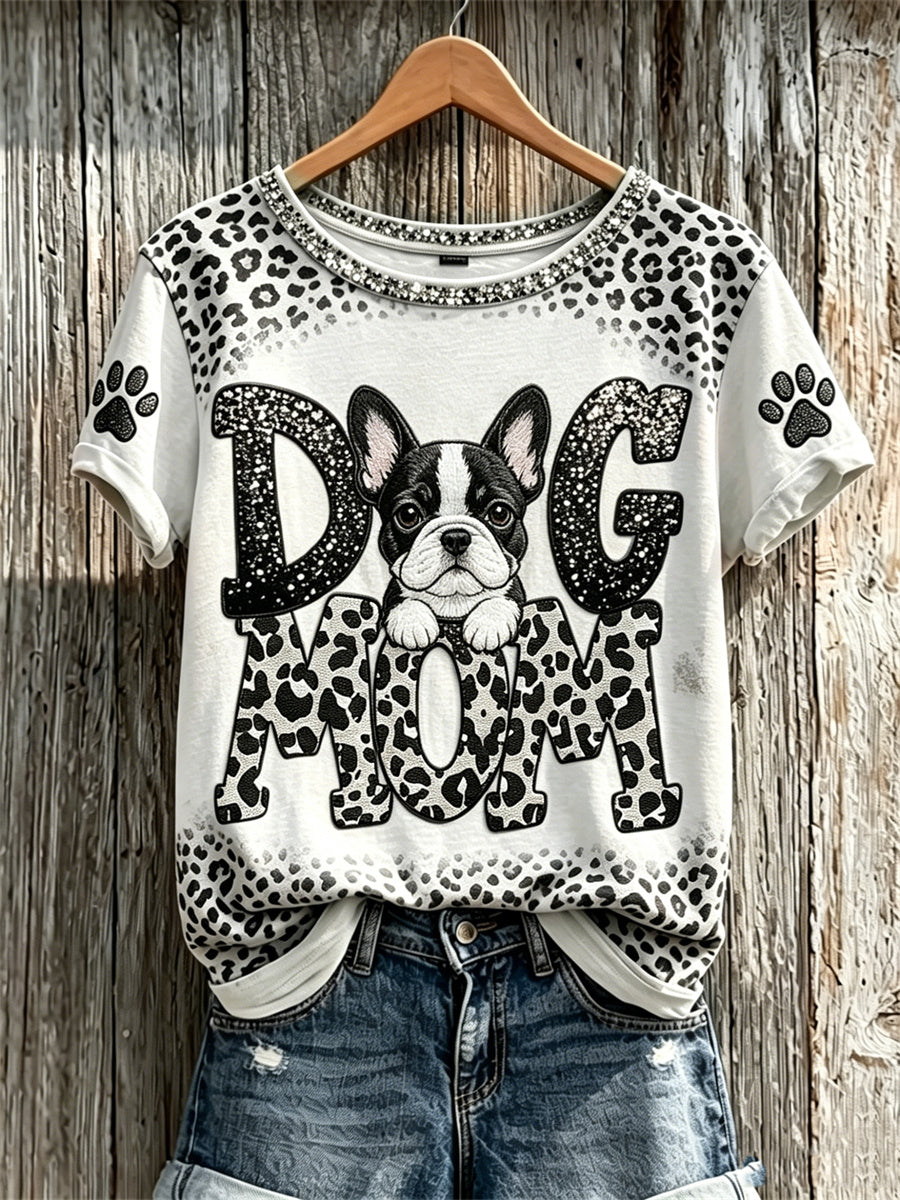 T-shirt à manches courtes imprimé léopard pour femme Peeking Bulldog Dog Mom & Paw