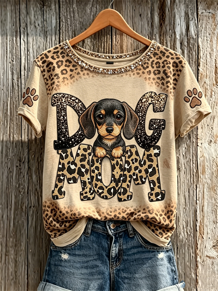 Femmes Peeking Teckel Chien Maman & Patte Imprimé Léopard T-shirt à manches courtes