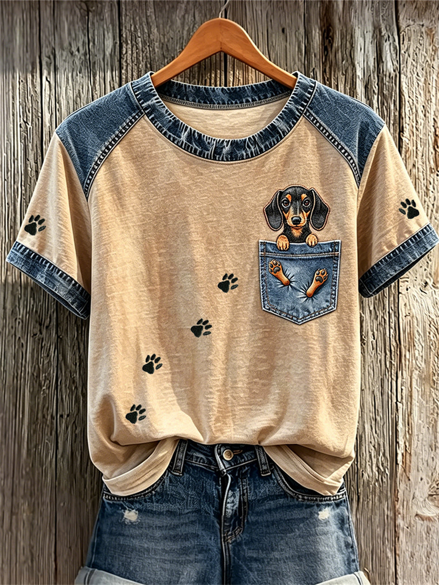 Femme Teckel Chien Fausse Poche & Empreintes Patte Denim Patchwork Imprimer T-shirts