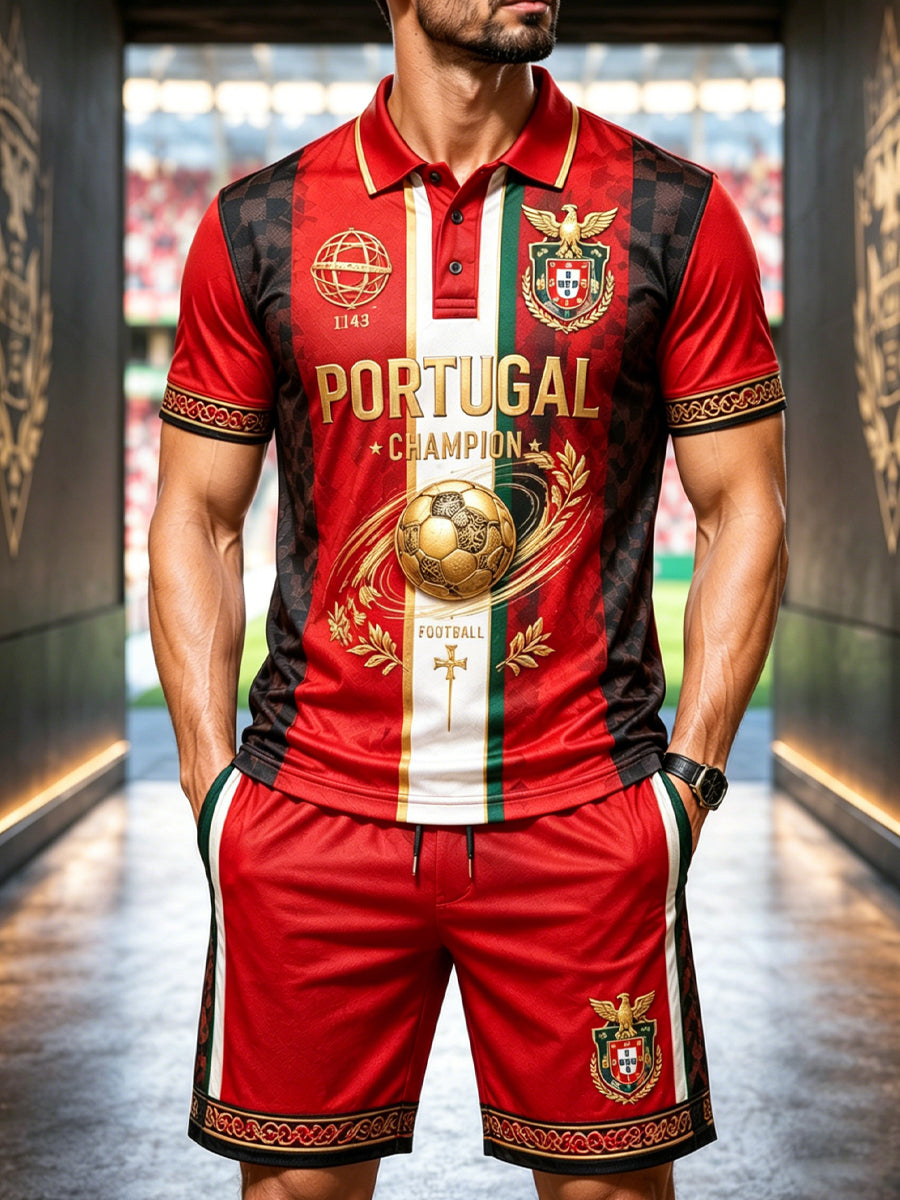 Tenue polo avec impression artistique d’élément de soutien aux matchs de football portugais pour hommes