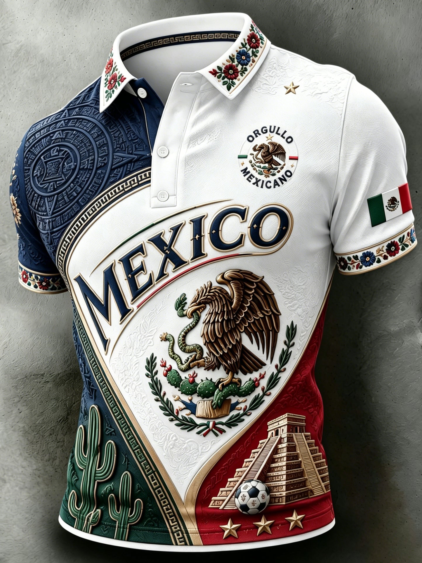 Polo homme à imprimé artistique totem traditionnel, gaufré et texturé, pour encourager l’équipe mexicaine de football