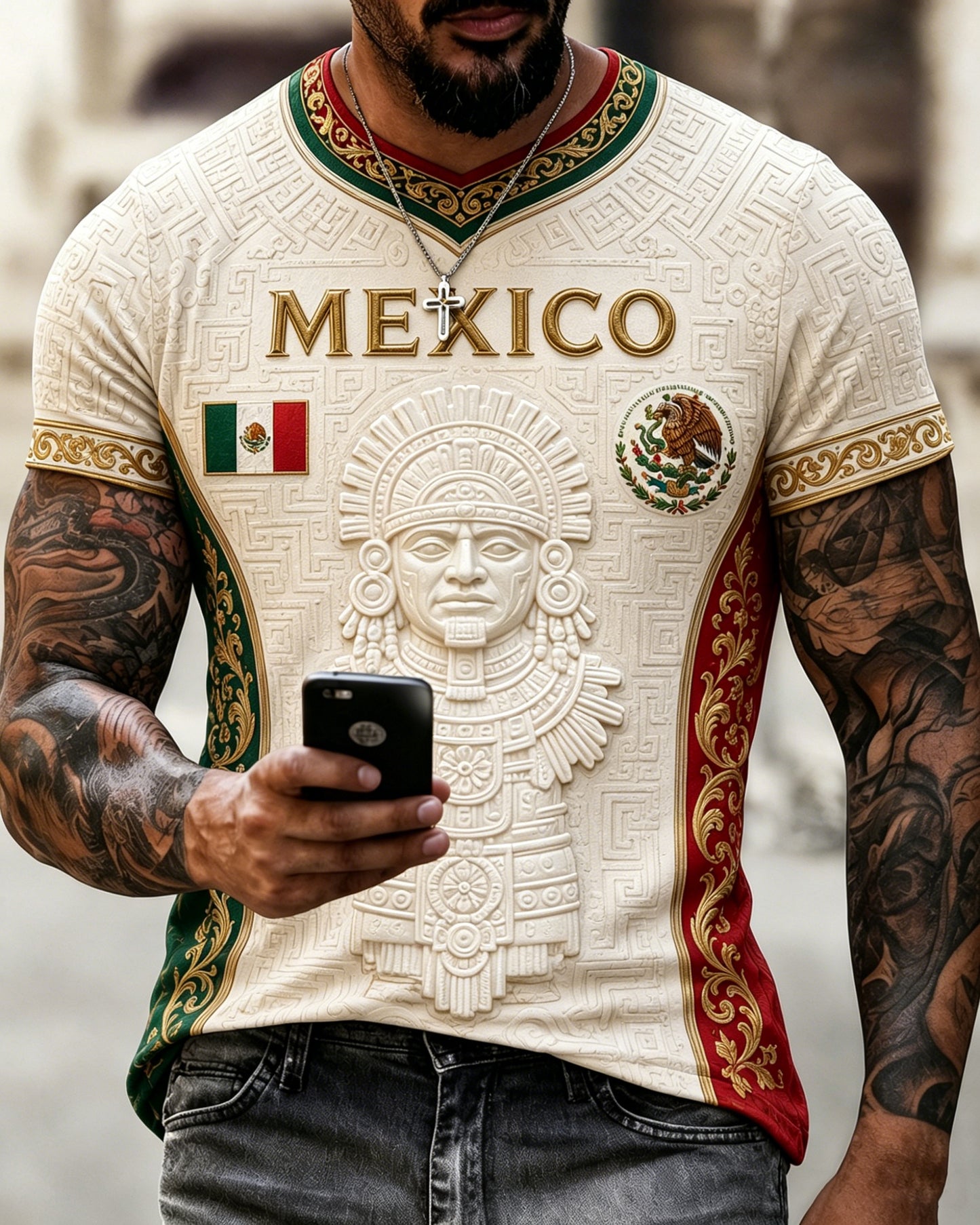 Soutien mexicain de football pour hommes en relief traditionnel Totem Art Print T-Shirt