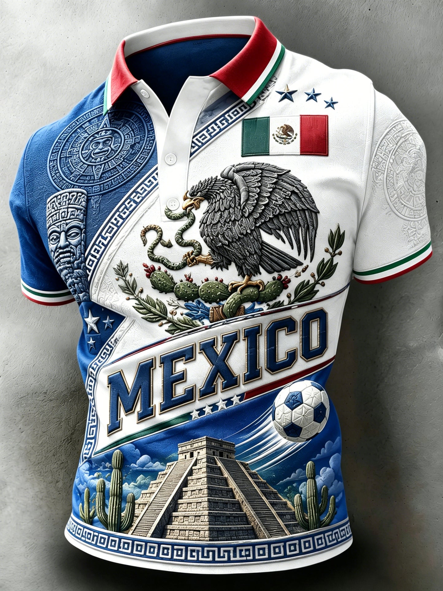 Polo homme à imprimé artistique totem traditionnel, gaufré et texturé, pour encourager l’équipe mexicaine de football