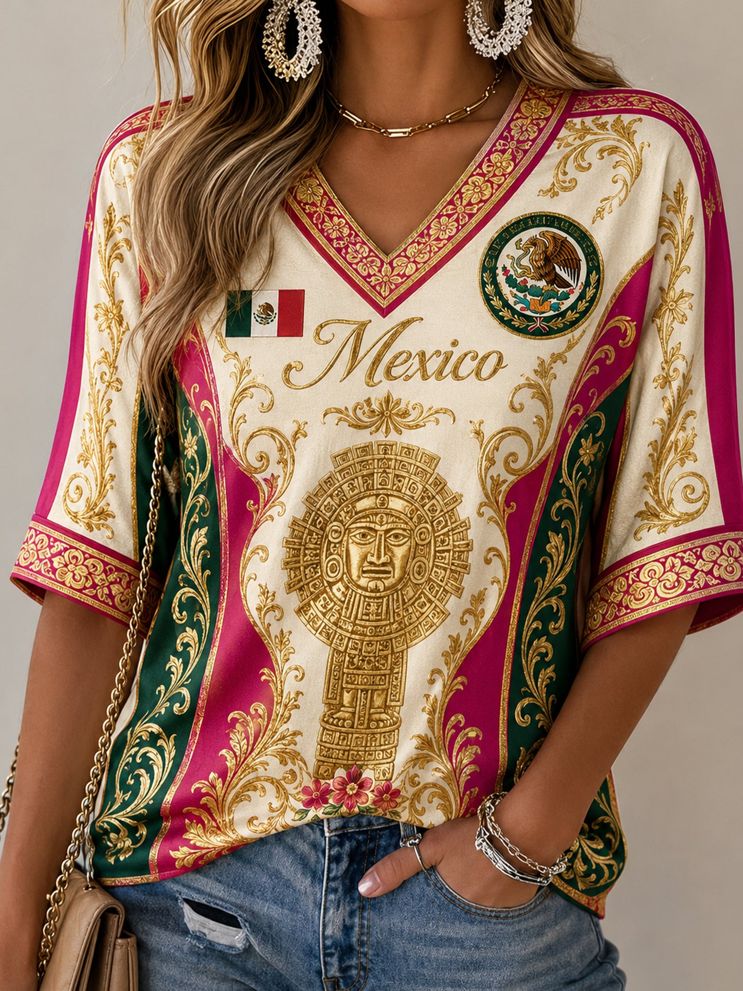 Haut à col en V pour femmes, imprimé en relief d’art totem traditionnel mexicain, motif de support féminin