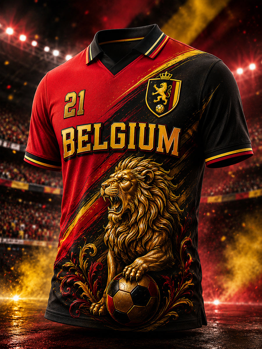 Polo à manches courtes pour homme avec imprimé sur le thème du lion et du football