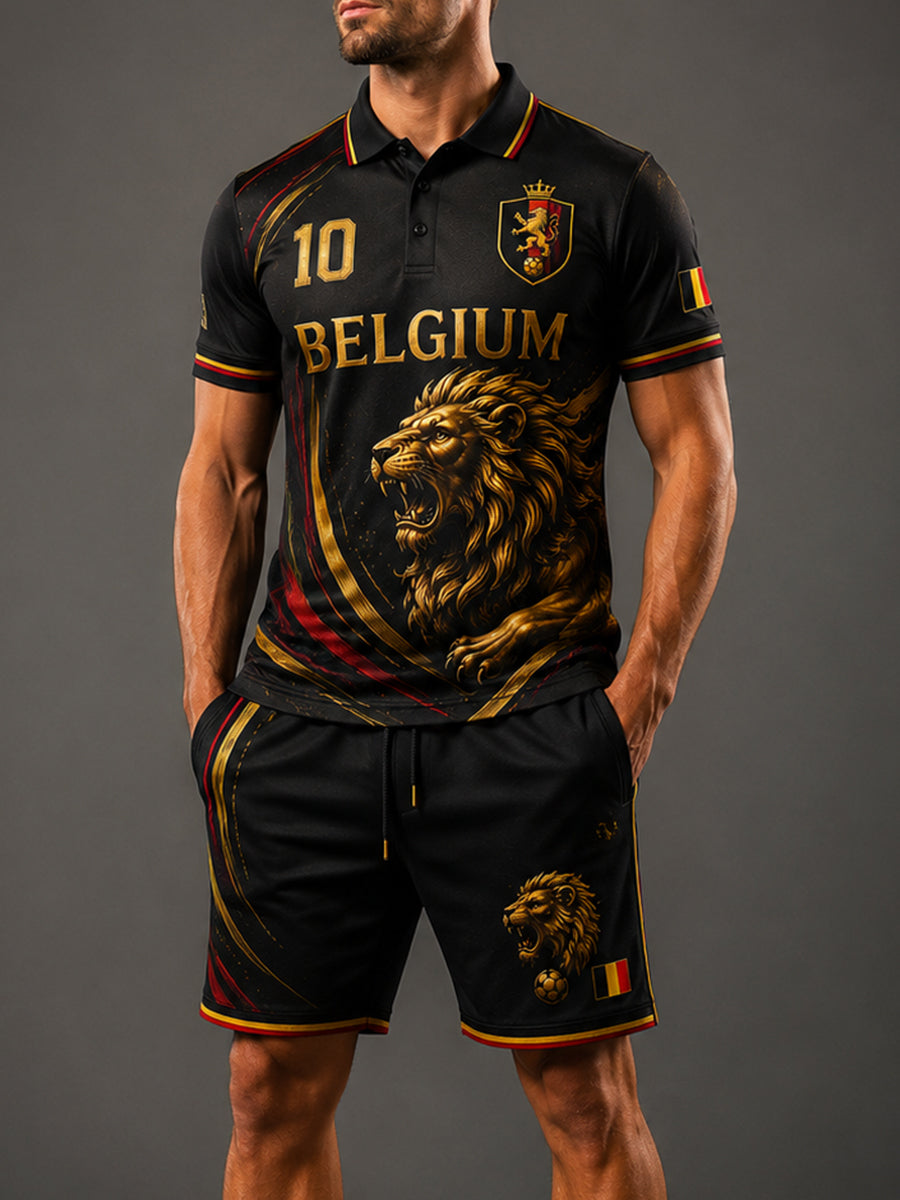 Ensemble de polo à manches courtes pour homme, orné d’un imprimé sur le thème du lion et du football