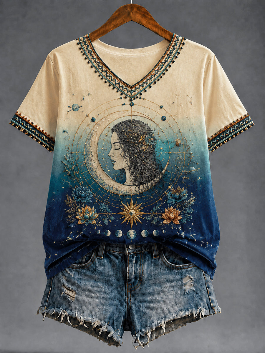 T-shirt décontracté à col en V, motifs rétro du zodiaque et dégradé pour femme