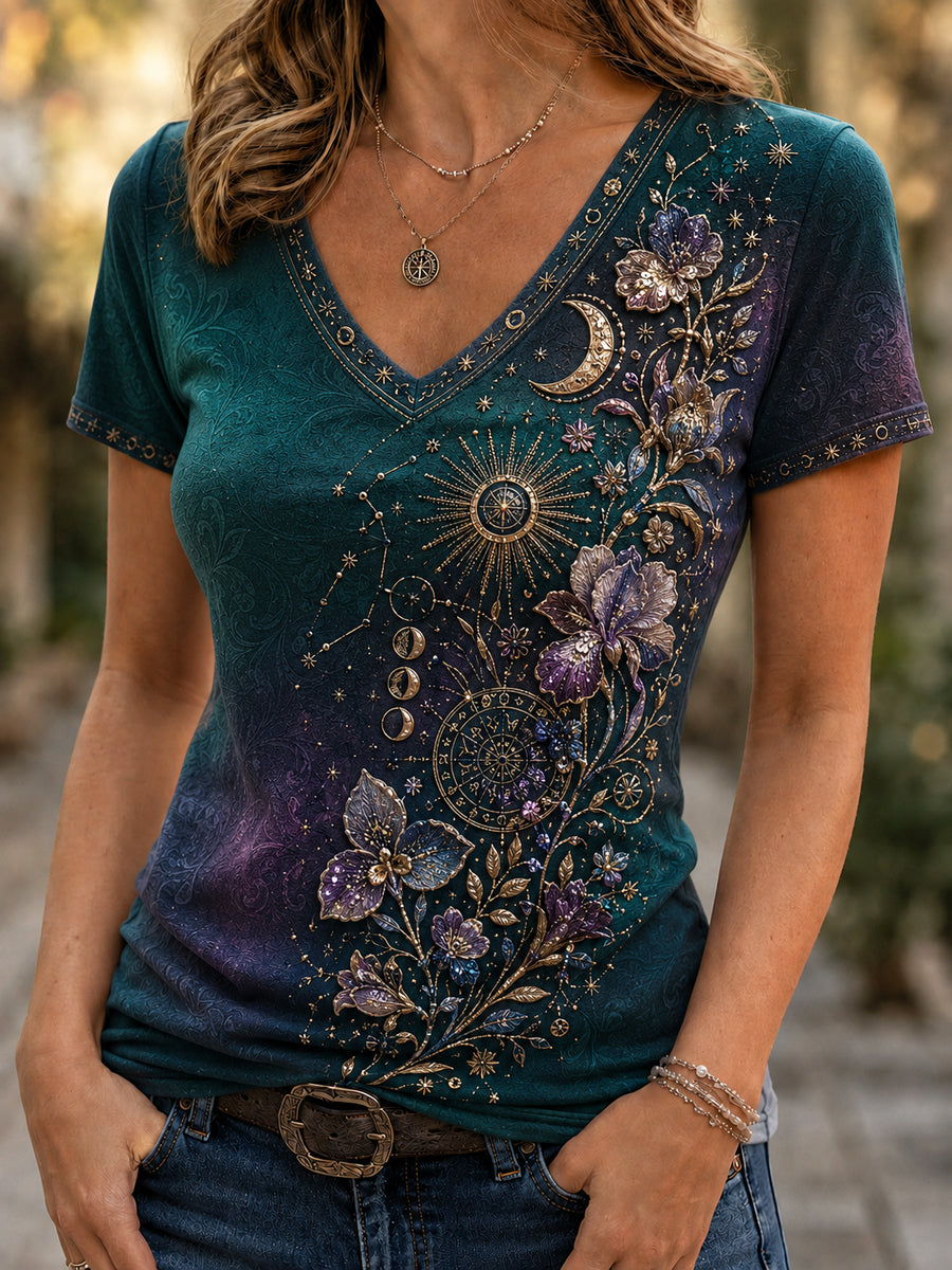 T-shirt décontracté pour femme à motif floral rétro du zodiaque