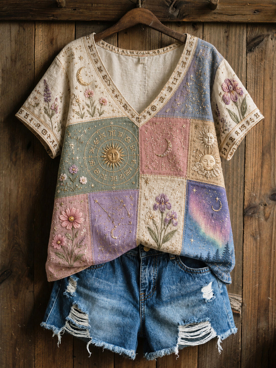 T-shirt rétro en coton-lin, confortable et décontracté, à motif floral du zodiaque