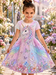Girls' Rainbow Horse Art Print Casual Dress