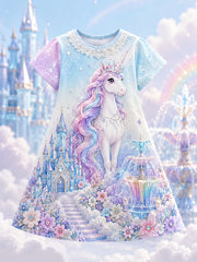 Girls' Rainbow Horse Art Print Casual Dress