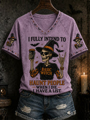 Maglietta casual con scollo a V con stampa teschio di Halloween divertente da donna