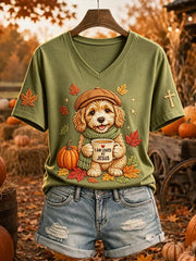Maglietta a maniche corte con stampa Jesus Loves Dog Fall Leaves da donna