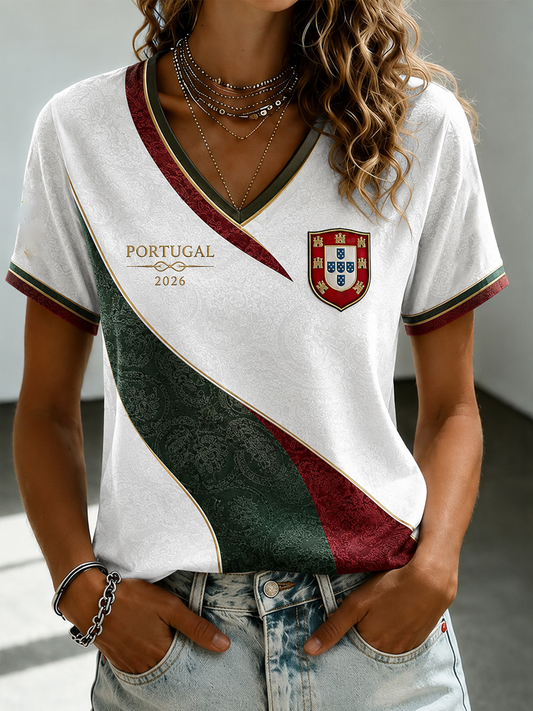 T-shirt à col en V imprimé pour le football portugais, modèle femme