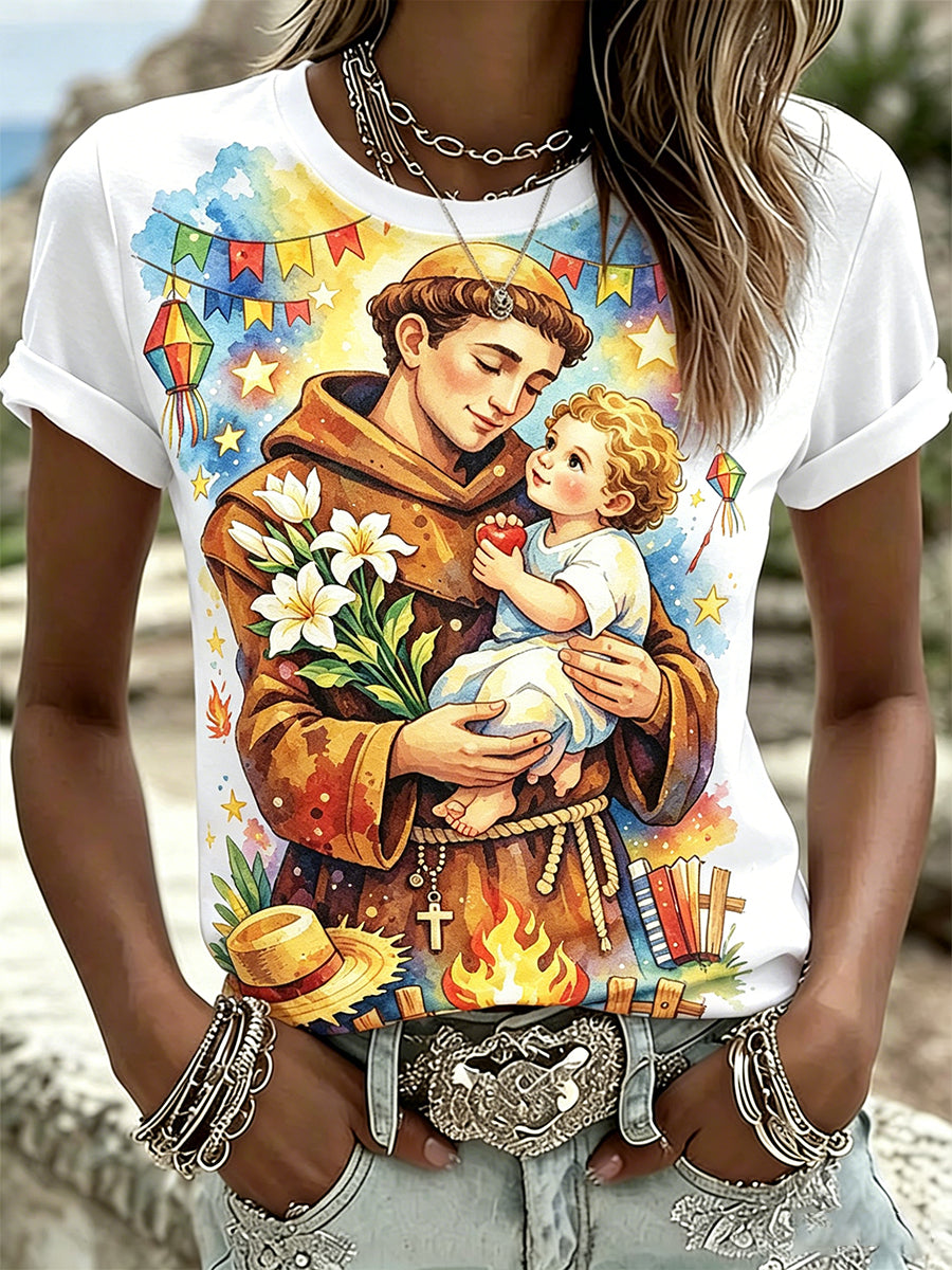 Ladies' Saints' Day Element Print Casual T-Shirt